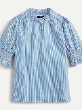 J. Crew Blue and White Striped Linen  Puff-Sleeve Top